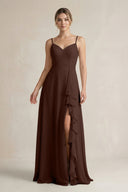 Sweetheart Ruffled A - Line Chiffon Bridesmaid Dress with Slit in Espresso - KissProm Bridesmaid Dresses