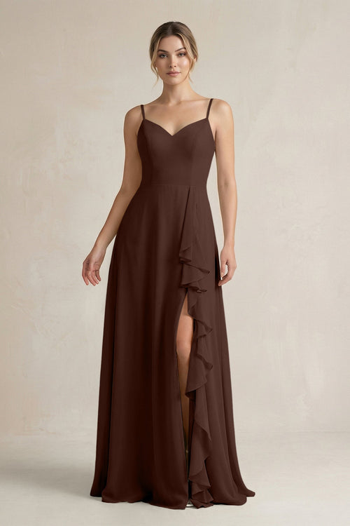 Sweetheart Ruffled A - Line Chiffon Bridesmaid Dress with Slit in Espresso - KissProm Bridesmaid Dresses