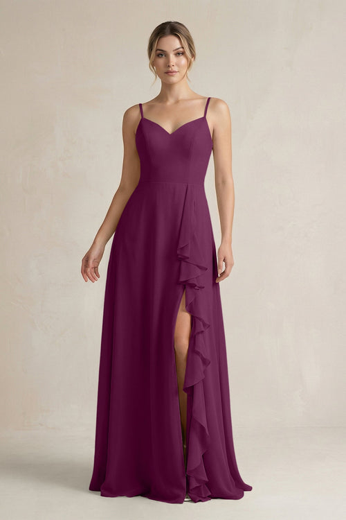 Sweetheart Ruffled A - Line Chiffon Bridesmaid Dress with Slit in Fig - KissProm Bridesmaid Dresses