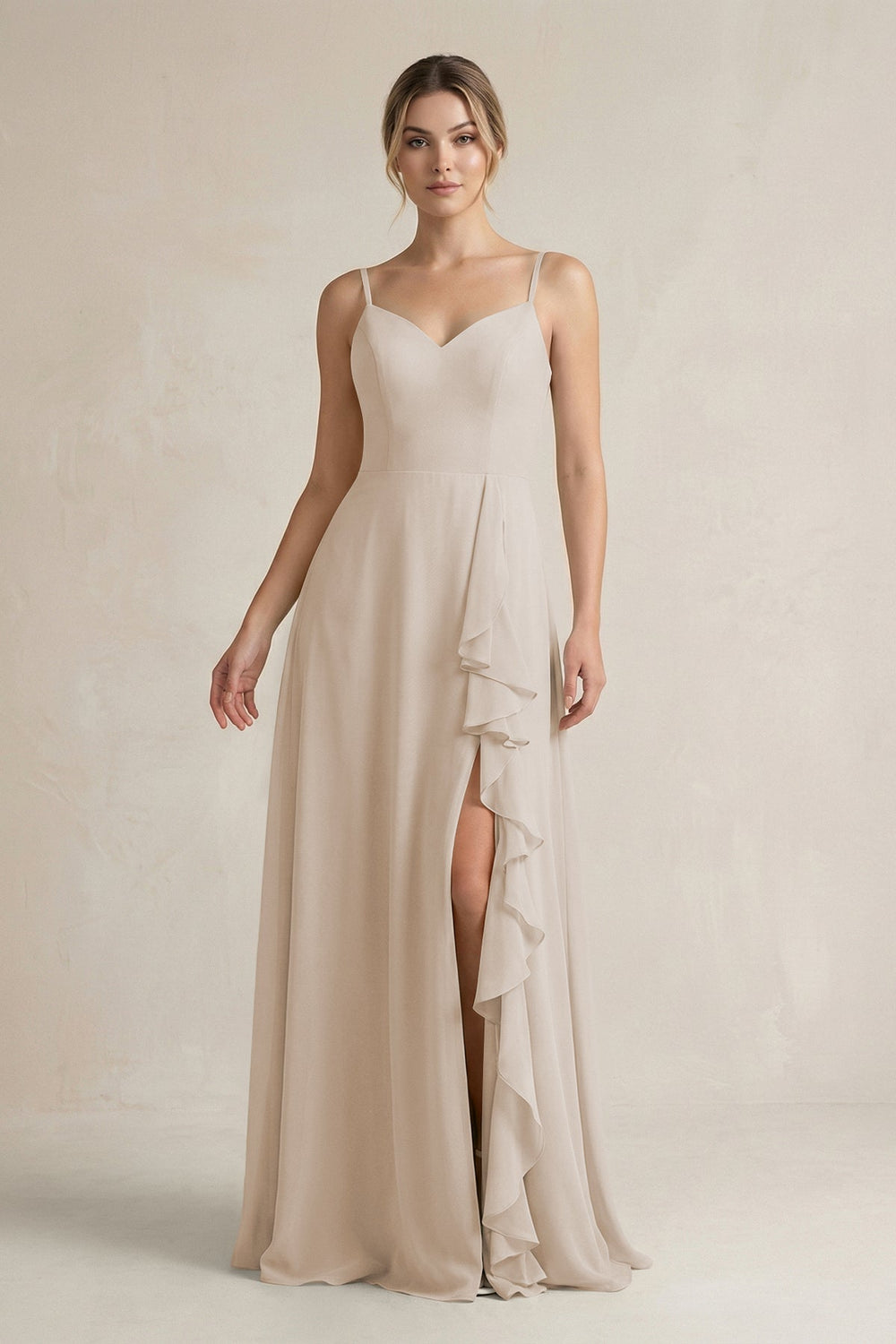 Sweetheart Ruffled A - Line Chiffon Bridesmaid Dress with Slit in Frost - KissProm Bridesmaid Dresses