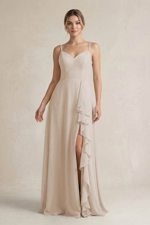 Sweetheart Ruffled A - Line Chiffon Bridesmaid Dress with Slit in Frost - KissProm Bridesmaid Dresses