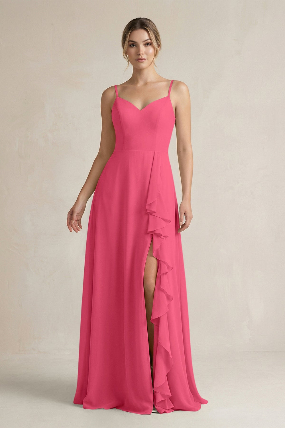 Sweetheart Ruffled A - Line Chiffon Bridesmaid Dress with Slit in Fuchsia - KissProm Bridesmaid Dresses