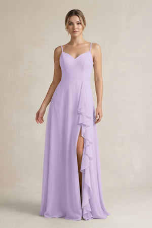 Sweetheart Ruffled A - Line Chiffon Bridesmaid Dress with Slit in Lavender - KissProm Bridesmaid Dresses