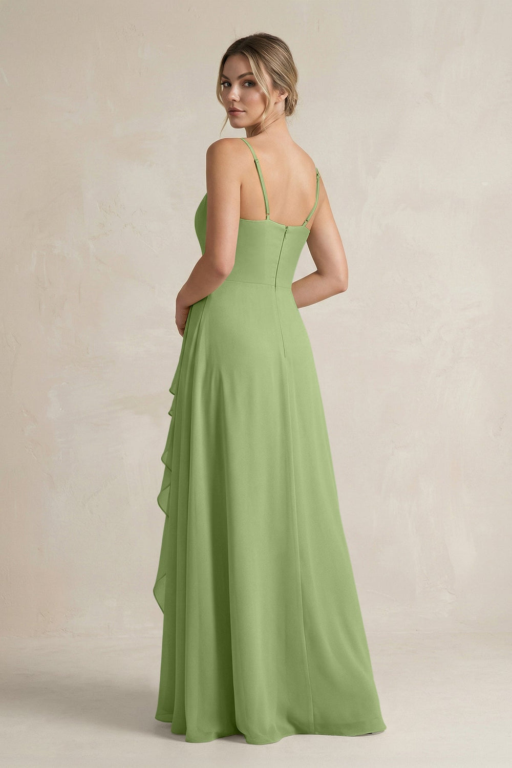 Sweetheart Ruffled A - Line Chiffon Bridesmaid Dress with Slit in Matcha - KissProm Bridesmaid Dresses