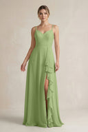 Sweetheart Ruffled A - Line Chiffon Bridesmaid Dress with Slit in Matcha - KissProm Bridesmaid Dresses