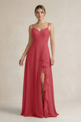 Sweetheart Ruffled A - Line Chiffon Bridesmaid Dress with Slit in Merlot - KissProm Bridesmaid Dresses