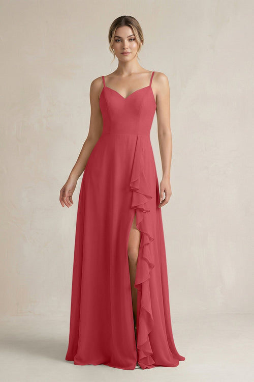 Sweetheart Ruffled A - Line Chiffon Bridesmaid Dress with Slit in Merlot - KissProm Bridesmaid Dresses