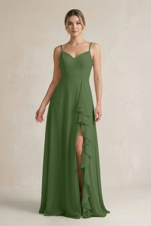 Sweetheart Ruffled A - Line Chiffon Bridesmaid Dress with Slit in Moss - KissProm Bridesmaid Dresses