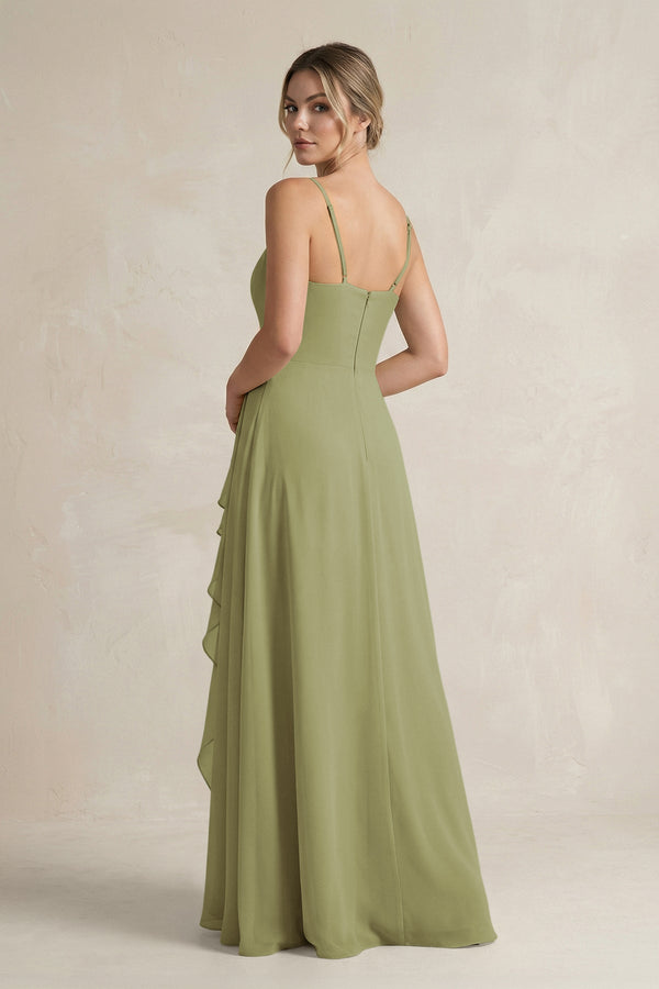 Sweetheart Ruffled A - Line Chiffon Bridesmaid Dress with Slit in Moss Green - KissProm Bridesmaid Dresses