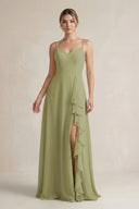 Sweetheart Ruffled A - Line Chiffon Bridesmaid Dress with Slit in Moss Green - KissProm Bridesmaid Dresses