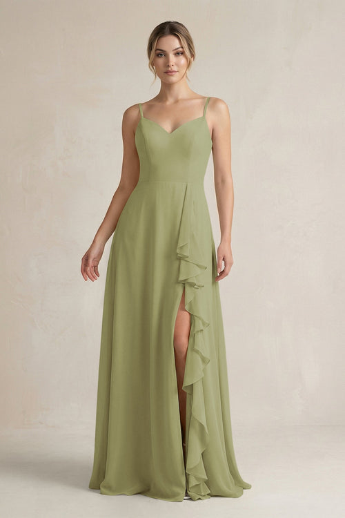 Sweetheart Ruffled A - Line Chiffon Bridesmaid Dress with Slit in Moss Green - KissProm Bridesmaid Dresses