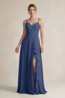 Sweetheart Ruffled A - Line Chiffon Bridesmaid Dress with Slit in Navy - KissProm Bridesmaid Dresses
