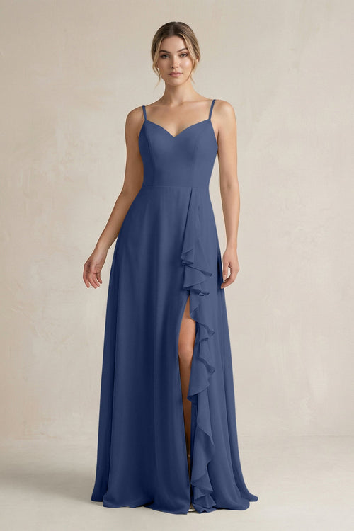 Sweetheart Ruffled A - Line Chiffon Bridesmaid Dress with Slit in Navy - KissProm Bridesmaid Dresses
