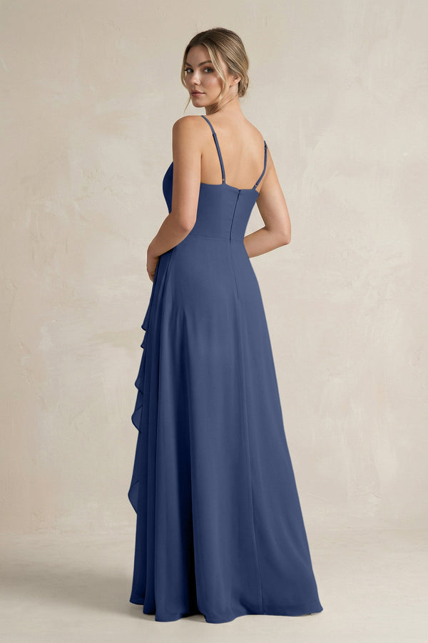 Sweetheart Ruffled A - Line Chiffon Bridesmaid Dress with Slit in Navy - KissProm Bridesmaid Dresses