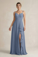 Sweetheart Ruffled A - Line Chiffon Bridesmaid Dress with Slit in Neptune - KissProm Bridesmaid Dresses