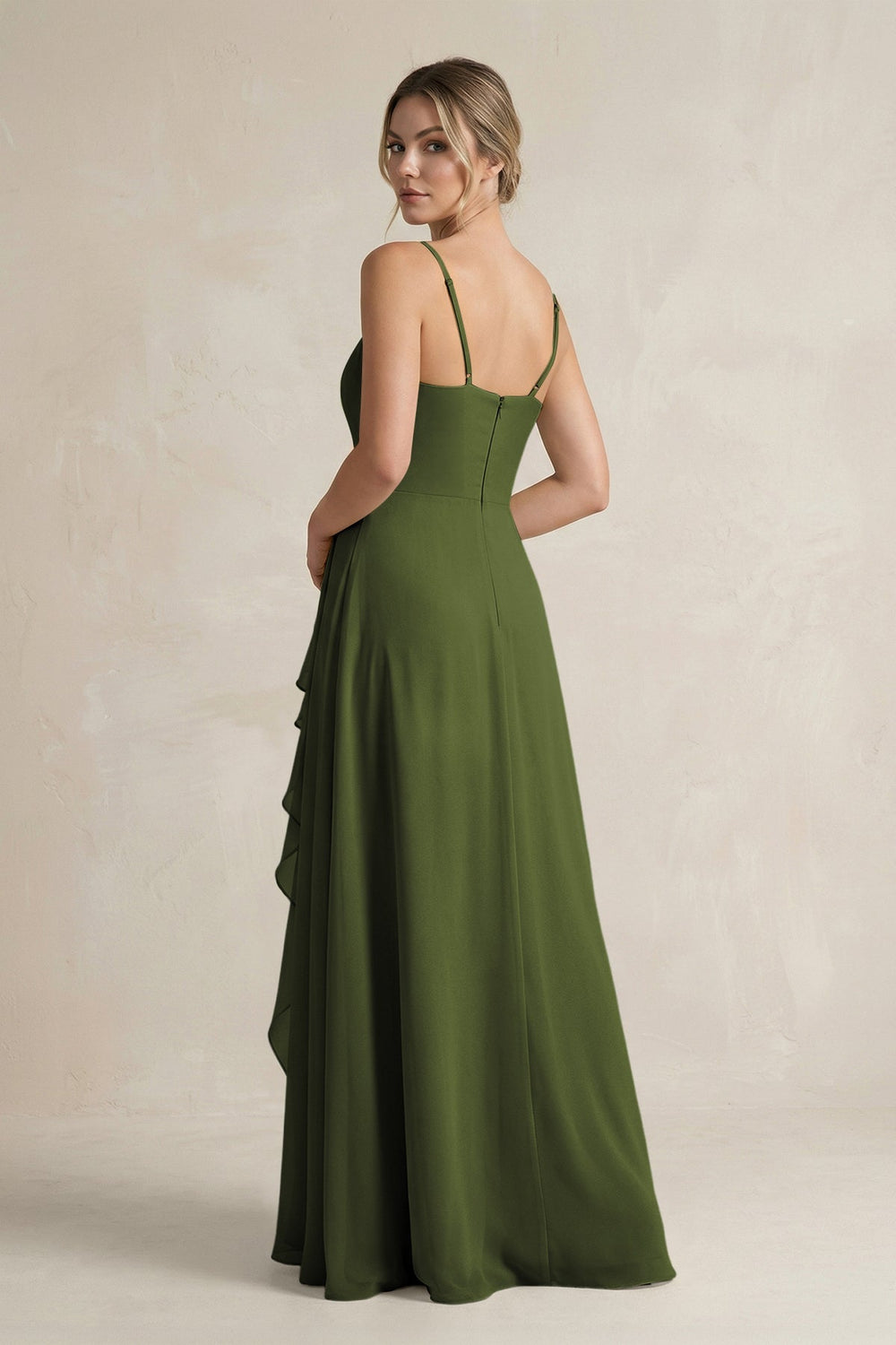 Sweetheart Ruffled A - Line Chiffon Bridesmaid Dress with Slit in Olive - KissProm Bridesmaid Dresses