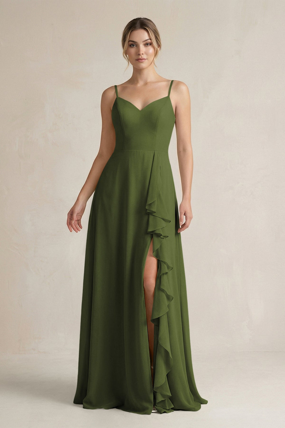 Sweetheart Ruffled A - Line Chiffon Bridesmaid Dress with Slit in Olive - KissProm Bridesmaid Dresses