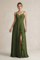 Sweetheart Ruffled A - Line Chiffon Bridesmaid Dress with Slit in Olive - KissProm Bridesmaid Dresses