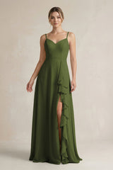 Sweetheart Ruffled A - Line Chiffon Bridesmaid Dress with Slit in Olive - KissProm Bridesmaid Dresses