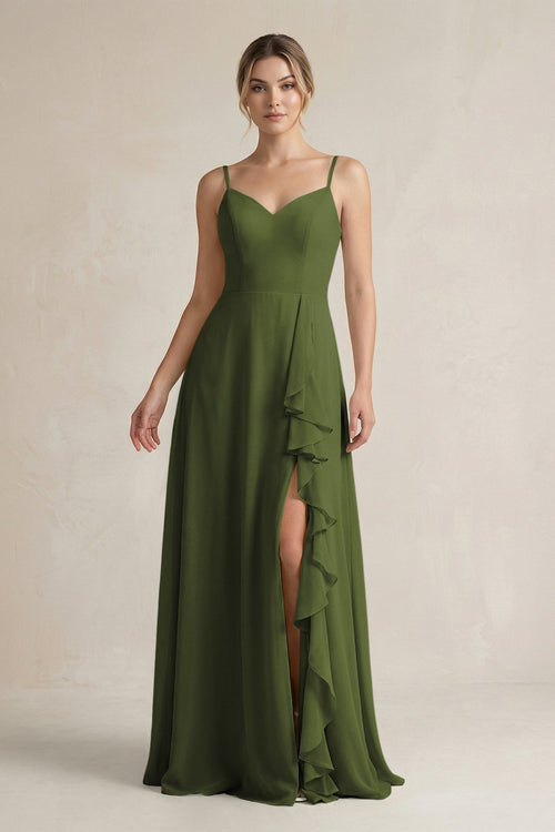 Sweetheart Ruffled A - Line Chiffon Bridesmaid Dress with Slit in Olive - KissProm Bridesmaid Dresses