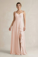 Sweetheart Ruffled A - Line Chiffon Bridesmaid Dress with Slit in Pale Blush - KissProm Bridesmaid Dresses
