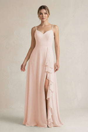 Sweetheart Ruffled A - Line Chiffon Bridesmaid Dress with Slit in Pale Blush - KissProm Bridesmaid Dresses