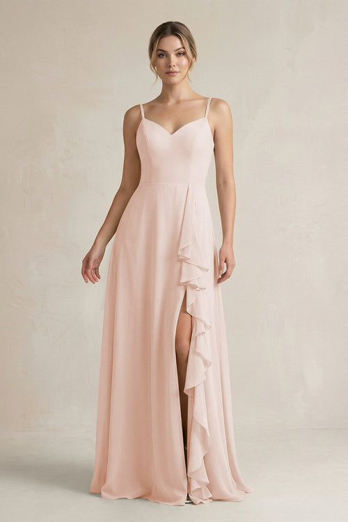 Sweetheart Ruffled A - Line Chiffon Bridesmaid Dress with Slit in Pale Blush - KissProm Bridesmaid Dresses