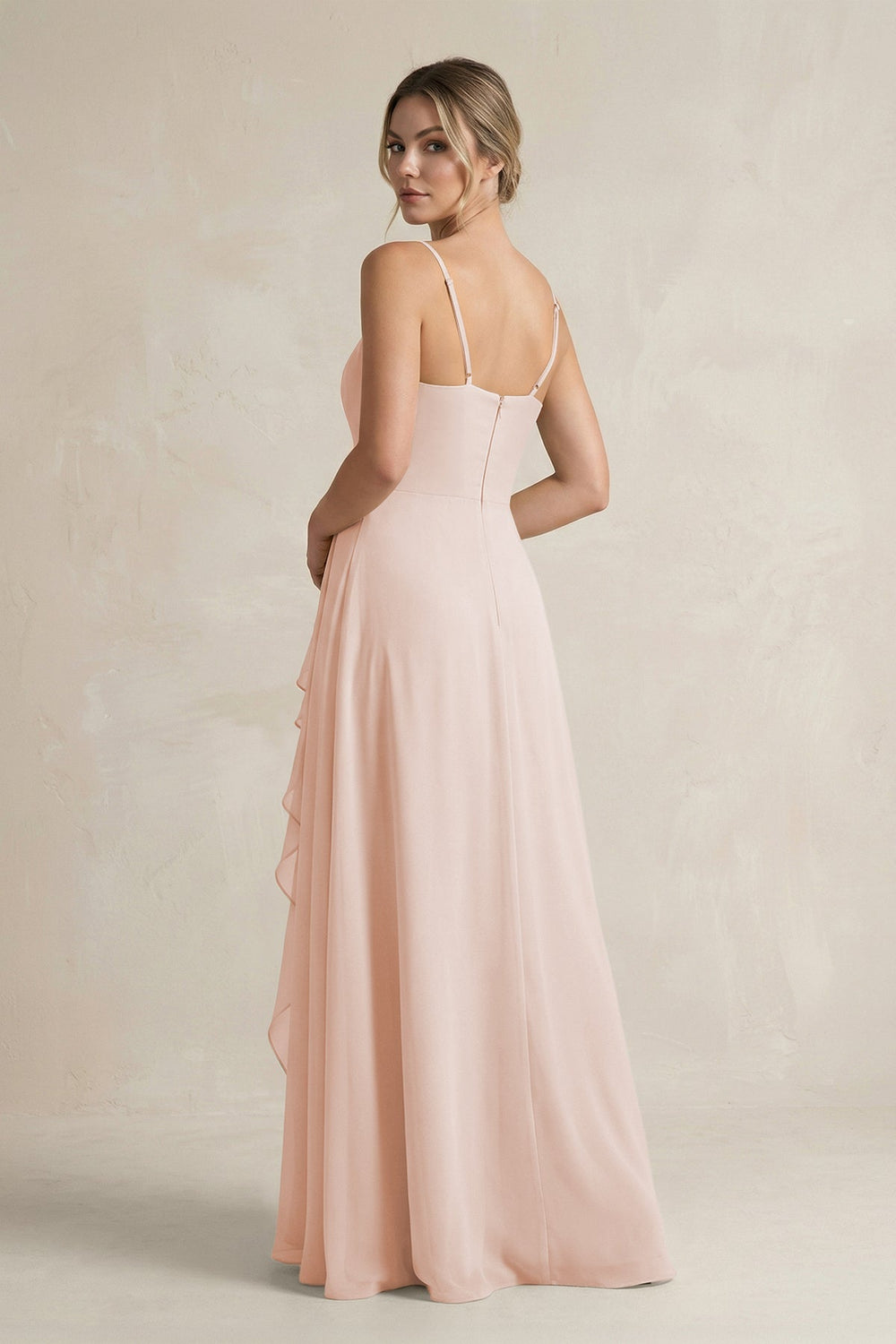 Sweetheart Ruffled A - Line Chiffon Bridesmaid Dress with Slit in Pale Blush - KissProm Bridesmaid Dresses