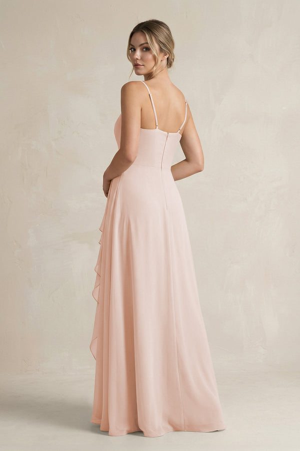 Sweetheart Ruffled A - Line Chiffon Bridesmaid Dress with Slit in Pale Blush - KissProm Bridesmaid Dresses