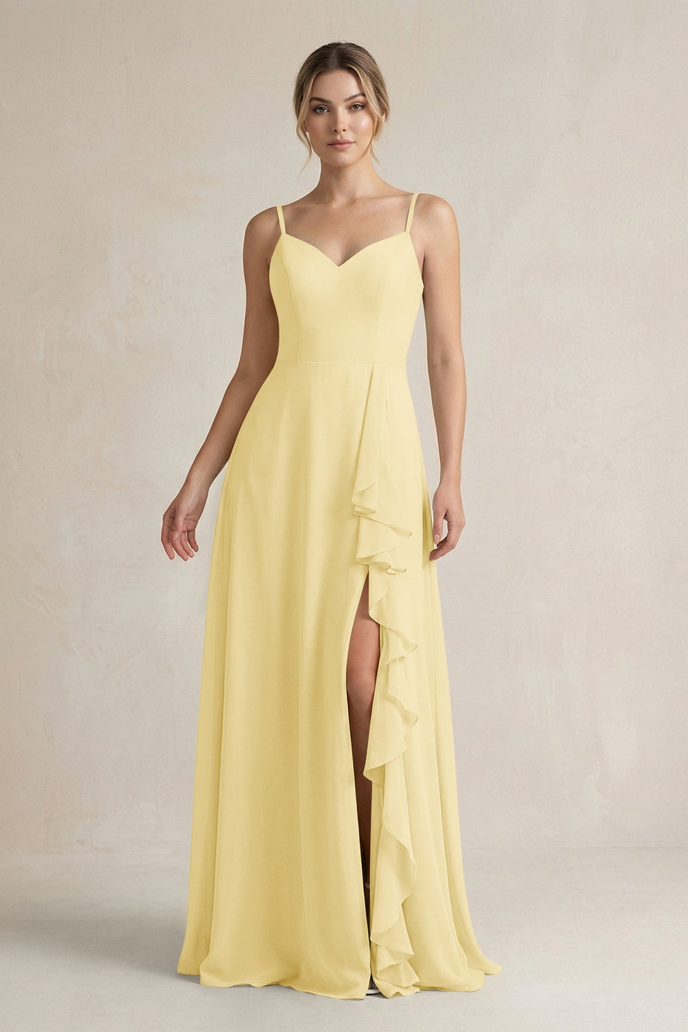 Sweetheart Ruffled A - Line Chiffon Bridesmaid Dress with Slit in Pastel Yellow - KissProm Bridesmaid Dresses