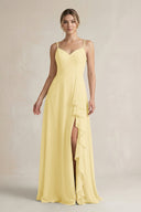 Sweetheart Ruffled A - Line Chiffon Bridesmaid Dress with Slit in Pastel Yellow - KissProm Bridesmaid Dresses