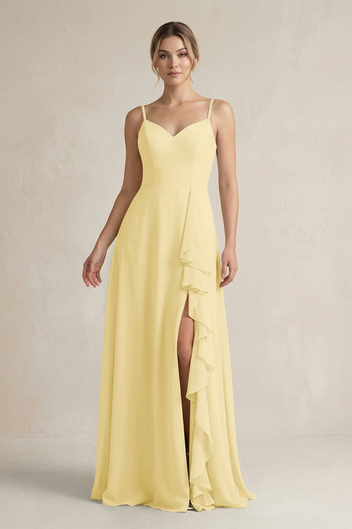 Sweetheart Ruffled A - Line Chiffon Bridesmaid Dress with Slit in Pastel Yellow - KissProm Bridesmaid Dresses