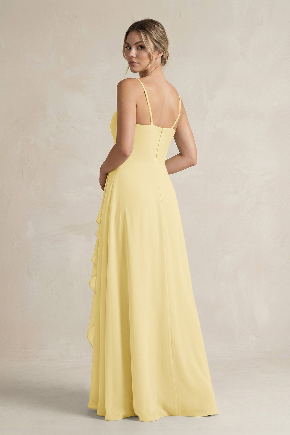 Sweetheart Ruffled A - Line Chiffon Bridesmaid Dress with Slit in Pastel Yellow - KissProm Bridesmaid Dresses