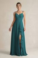 Sweetheart Ruffled A - Line Chiffon Bridesmaid Dress with Slit in Pine - KissProm Bridesmaid Dresses