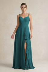 Sweetheart Ruffled A - Line Chiffon Bridesmaid Dress with Slit in Pine - KissProm Bridesmaid Dresses