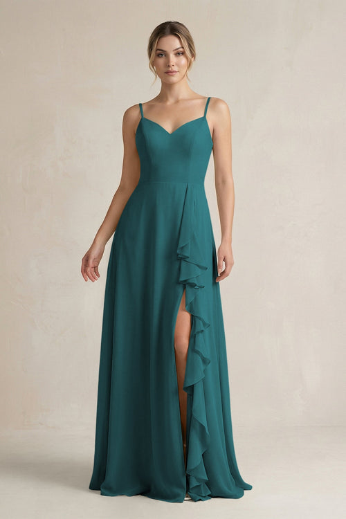 Sweetheart Ruffled A - Line Chiffon Bridesmaid Dress with Slit in Pine - KissProm Bridesmaid Dresses