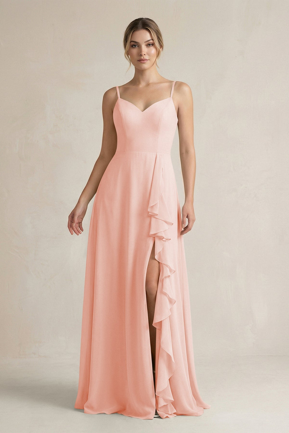 Sweetheart Ruffled A - Line Chiffon Bridesmaid Dress with Slit in Rose Petal - KissProm Bridesmaid Dresses