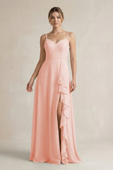 Sweetheart Ruffled A - Line Chiffon Bridesmaid Dress with Slit in Rose Petal - KissProm Bridesmaid Dresses