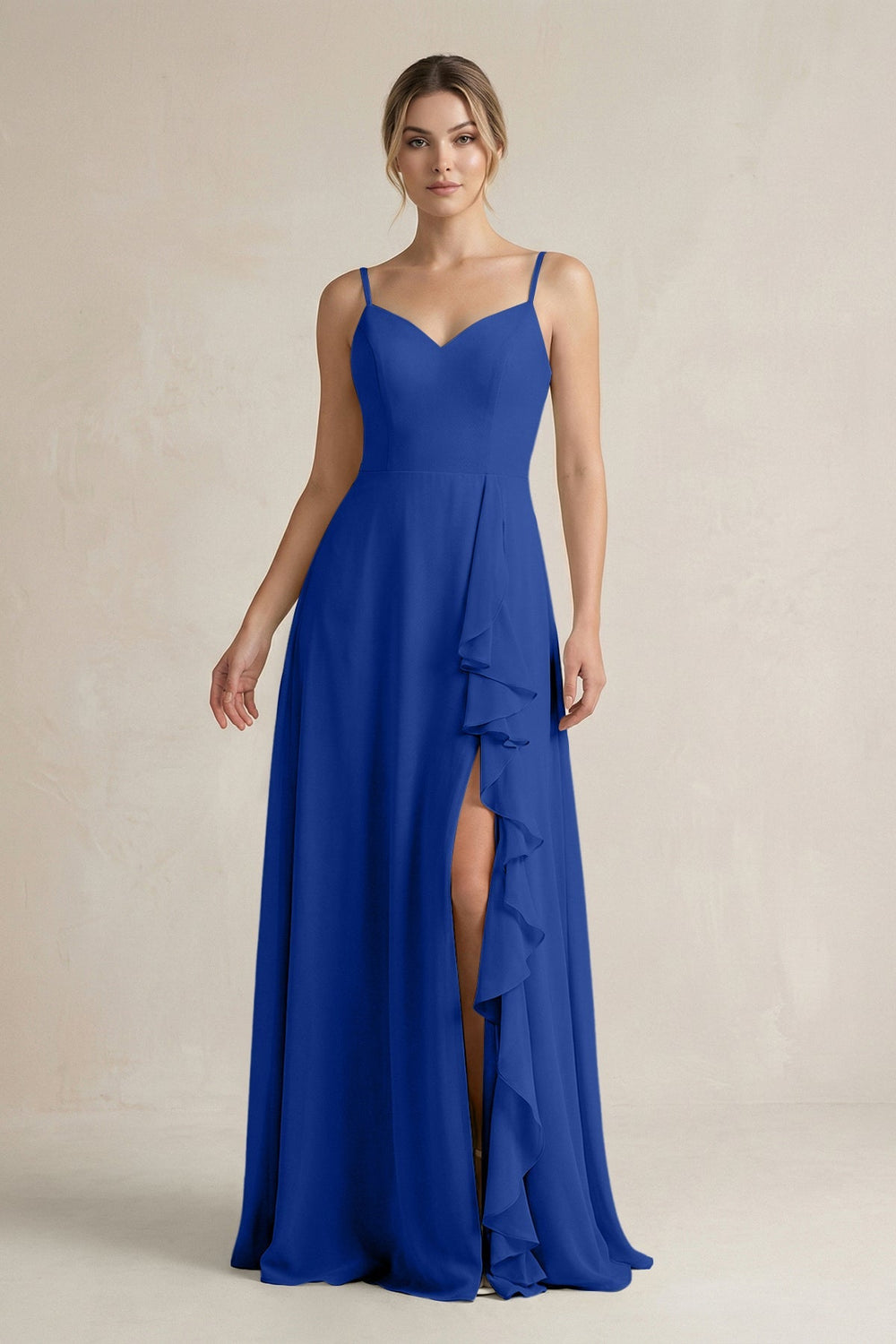 Sweetheart Ruffled A - Line Chiffon Bridesmaid Dress with Slit in Royal Blue - KissProm Bridesmaid Dresses
