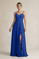 Sweetheart Ruffled A - Line Chiffon Bridesmaid Dress with Slit in Royal Blue - KissProm Bridesmaid Dresses