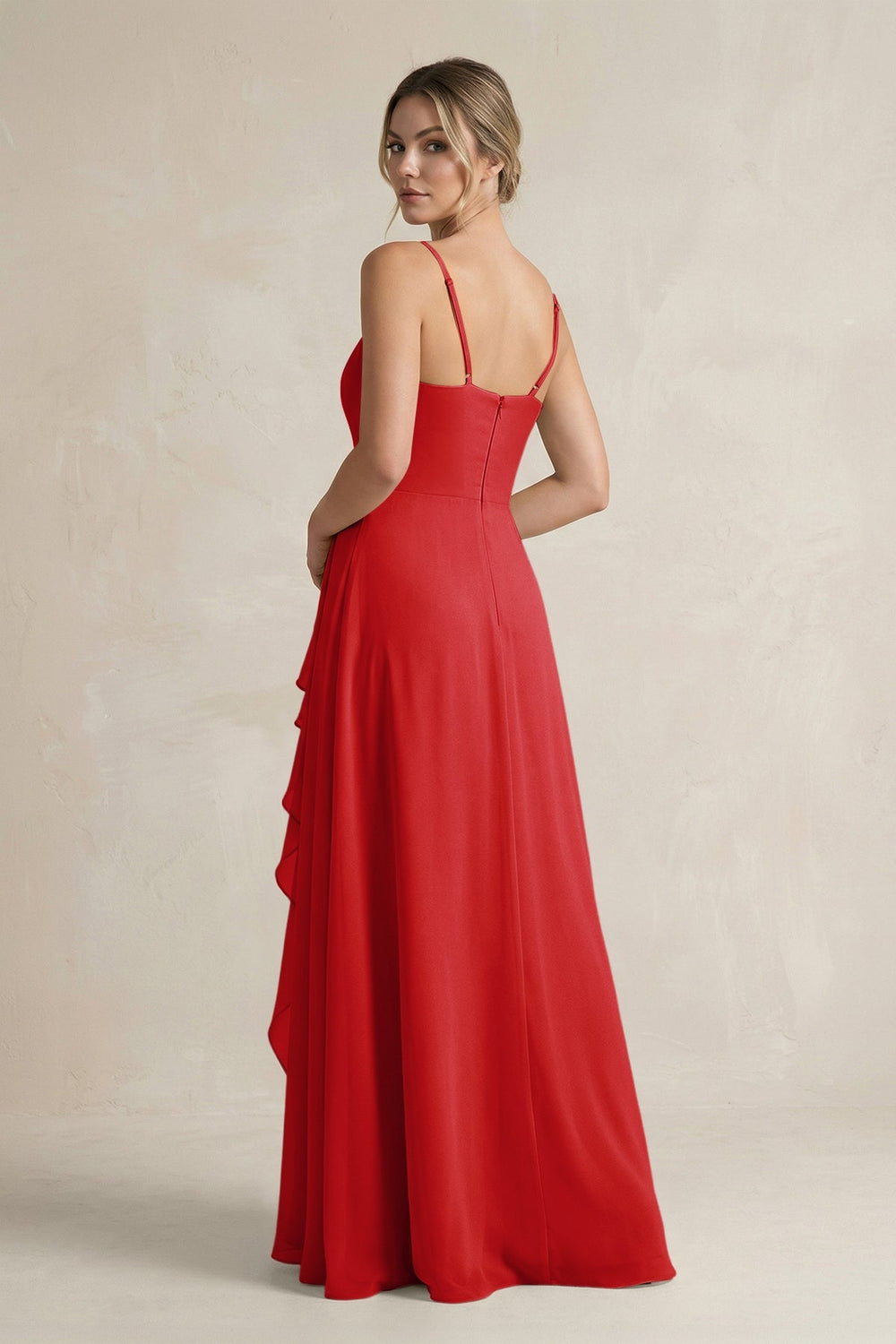 Sweetheart Ruffled A - Line Chiffon Bridesmaid Dress with Slit in Ruby Red - KissProm Bridesmaid Dresses