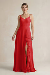 Sweetheart Ruffled A - Line Chiffon Bridesmaid Dress with Slit in Ruby Red - KissProm Bridesmaid Dresses