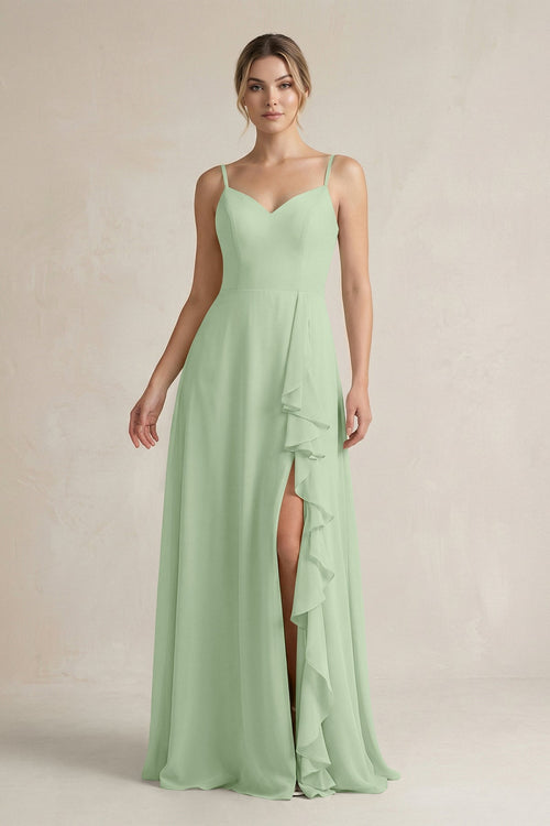 Sweetheart Ruffled A - Line Chiffon Bridesmaid Dress with Slit in Sage - KissProm Bridesmaid Dresses