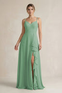 Sweetheart Ruffled A - Line Chiffon Bridesmaid Dress with Slit in Sea Glass - KissProm Bridesmaid Dresses