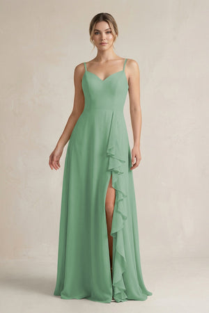 Sweetheart Ruffled A - Line Chiffon Bridesmaid Dress with Slit in Sea Glass - KissProm Bridesmaid Dresses
