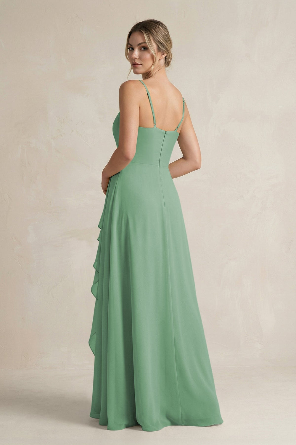 Sweetheart Ruffled A - Line Chiffon Bridesmaid Dress with Slit in Sea Glass - KissProm Bridesmaid Dresses