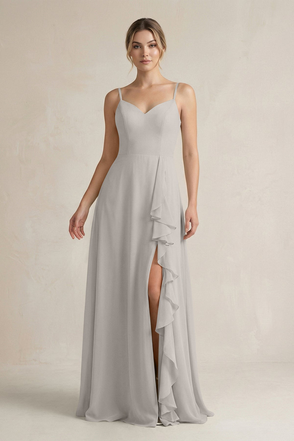Sweetheart Ruffled A - Line Chiffon Bridesmaid Dress with Slit in Silver - KissProm Bridesmaid Dresses
