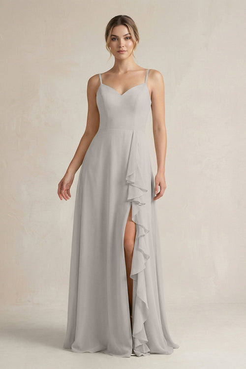 Sweetheart Ruffled A - Line Chiffon Bridesmaid Dress with Slit in Silver - KissProm Bridesmaid Dresses