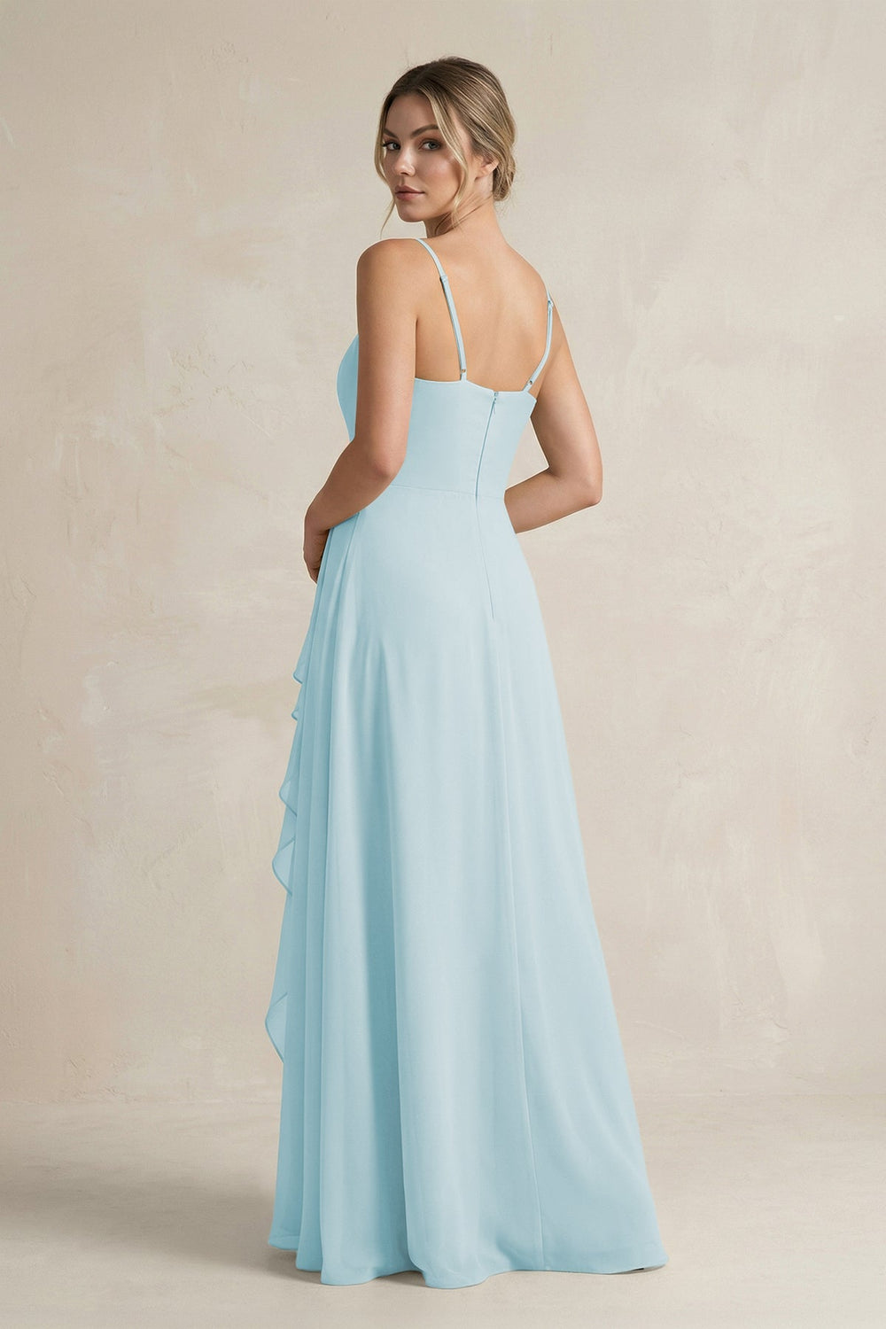 Sweetheart Ruffled A - Line Chiffon Bridesmaid Dress with Slit in Sky Blue - KissProm Bridesmaid Dresses