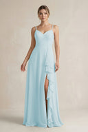 Sweetheart Ruffled A - Line Chiffon Bridesmaid Dress with Slit in Sky Blue - KissProm Bridesmaid Dresses
